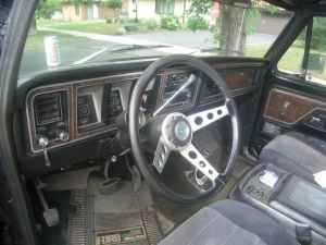 1979 Ford F-150 - Interior view of a 1979 Ford F-150, the dashboard and steering wheel.