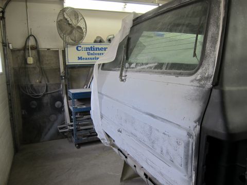 1987 Dodge 1500 - Vehicle bodywork undergoing preparation in a workshop environment.