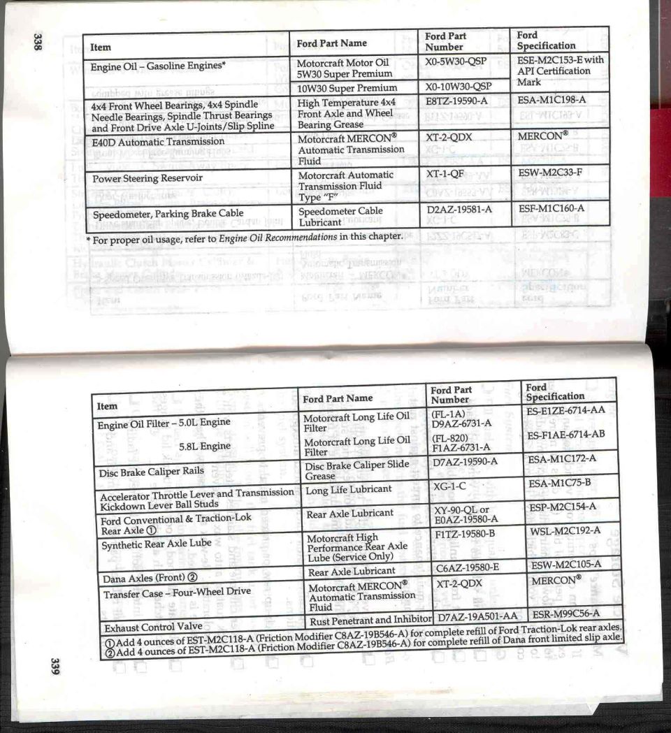 '96 Bronco owner's manual pages 338-339 lubricant specification tables with Ford part numbers