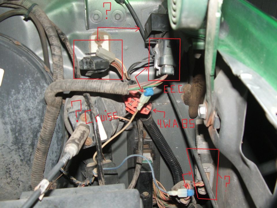 Close-up of vehicle wiring harness with labeled components like 'CRUISE' and '4.W.ABS'