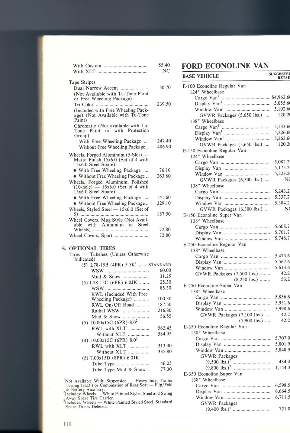 Ford price book page 118 with option pricing for tape stripes, wheels and tires beside Econoline van base prices