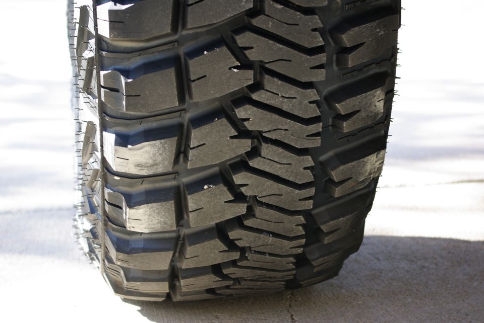 Close-up of a tire's aggressive tread pattern