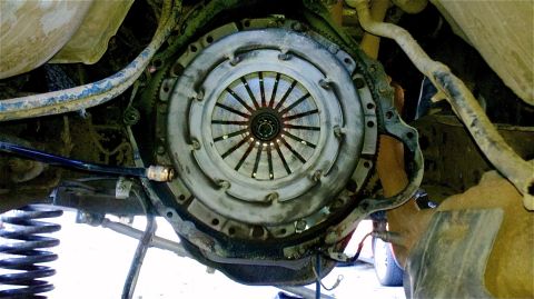 1995 Ford F-150 - Underside view of a vehicle's clutch assembly, showing the pressure plate and clutch disc.