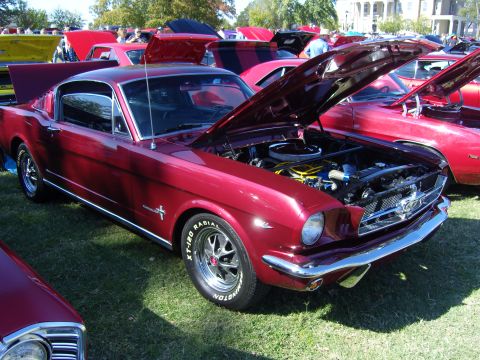 2007 Ford Mustang - A classic red 1965 Ford Mustang is displayed with its hood open at an outdoor car show.