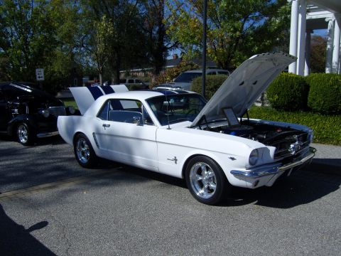 2007 Ford Mustang - A white 1965 Ford Mustang with racing stripes is parked outdoors with its hood open.