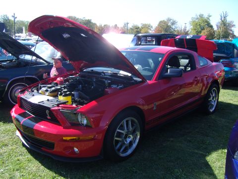 2007 Ford Mustang - A red Ford Mustang with black racing stripes is displayed with its hood open at an outdoor event.