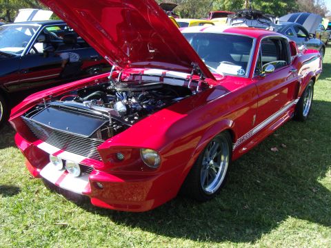 2007 Ford Mustang - A red 1967 Ford Mustang GT500 is displayed with its hood open at a car show.