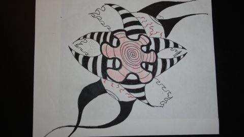 1996 Ford Bronco - This abstract drawing features a central pink spiral surrounded by black and white striped petals and red accents.