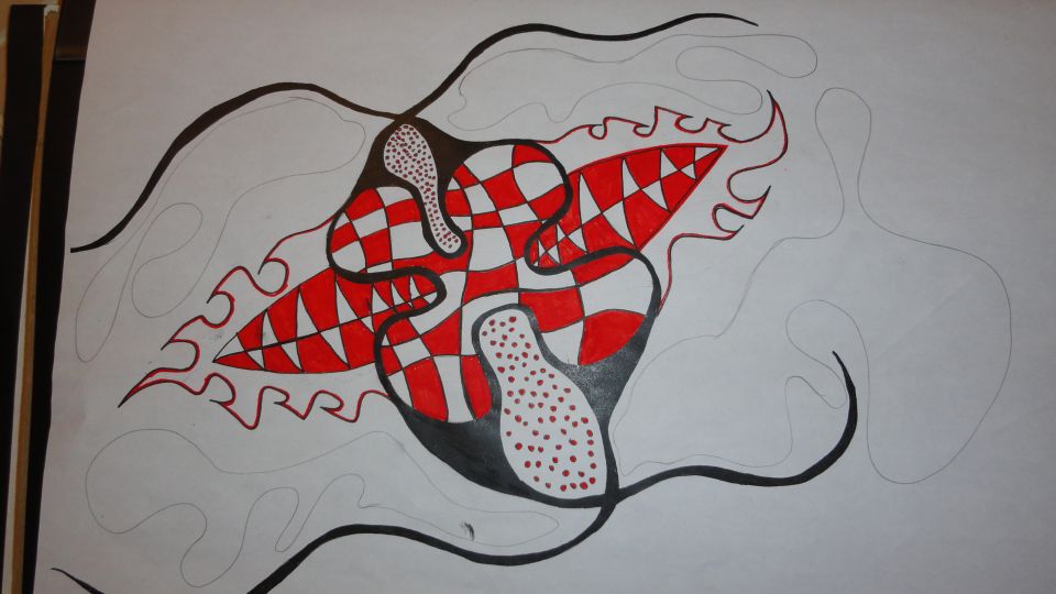 Hand-drawn artwork of red and black abstract creature shapes