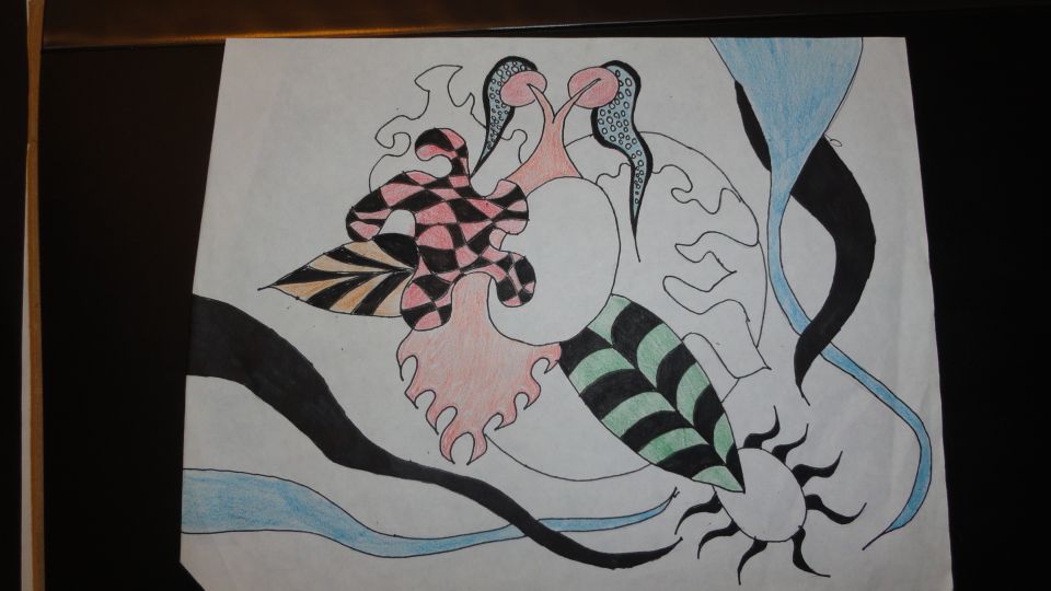 Colored hand-drawn abstract artwork with organic shapes