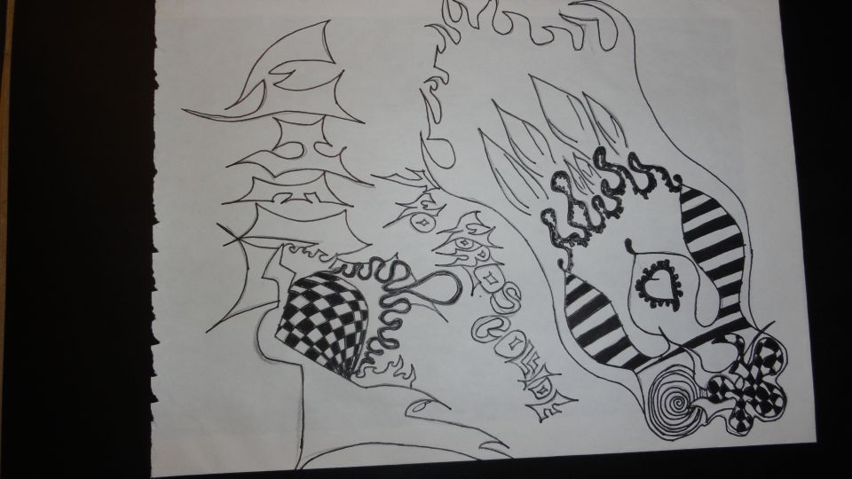 Hand-drawn abstract artwork with flames and checkered patterns