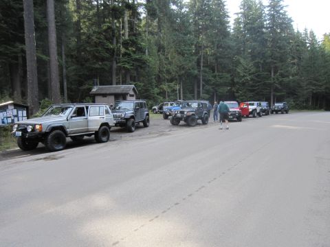 2008 Jeep Wrangler - A group of Jeeps are parked in a lot near a forest, possibly preparing for an off-road excursion.