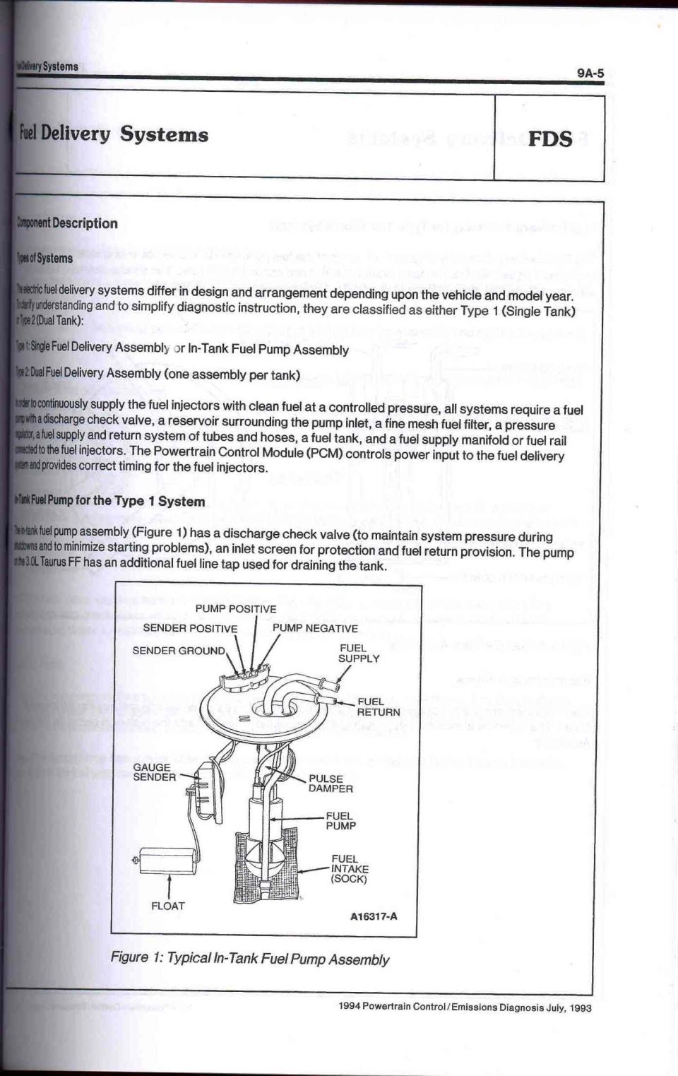 Service manual page on fuel delivery systems with figure of an in-tank fuel pump assembly