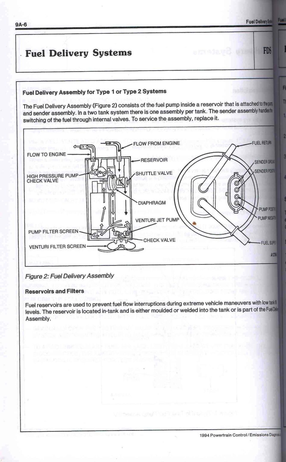 Service manual page on fuel delivery assembly with labeled cutaway figure and reservoir text