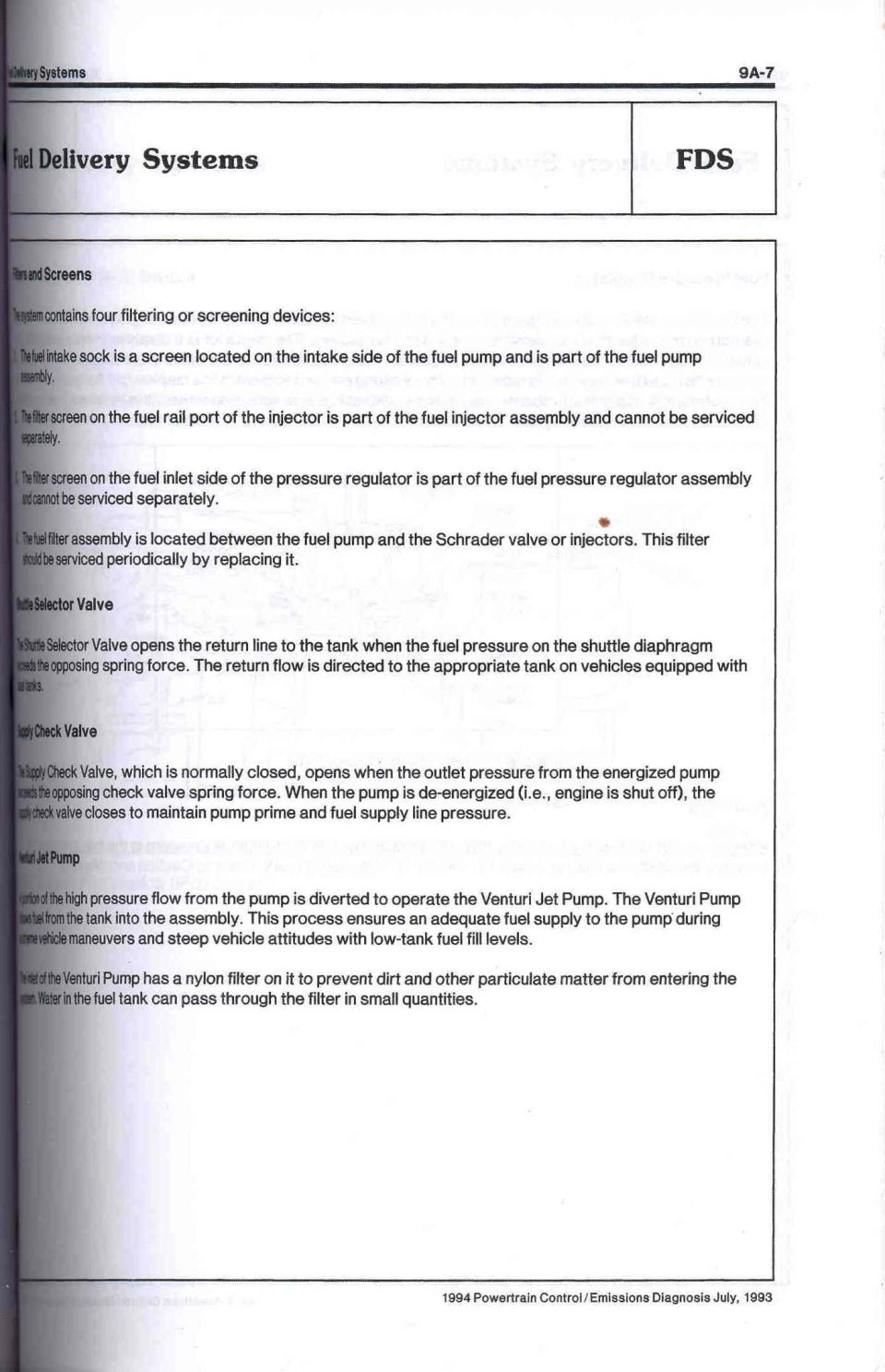 Fuel Delivery Systems service manual page 9A-7 on filters, shuttle selector and supply check valves