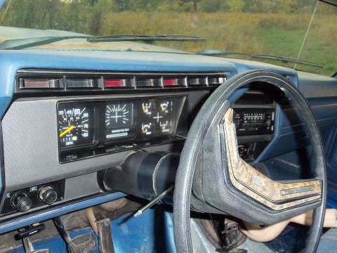 1985 Ford Bronco - Interior view of a blue vehicle's dashboard, showing analog gauges and a steering wheel with wood-grain trim.