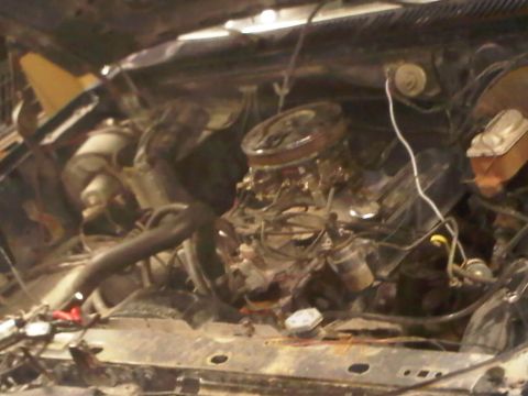 1985 Ford Bronco - Close-up view of a V8 engine bay, showing the carburetor and associated components.