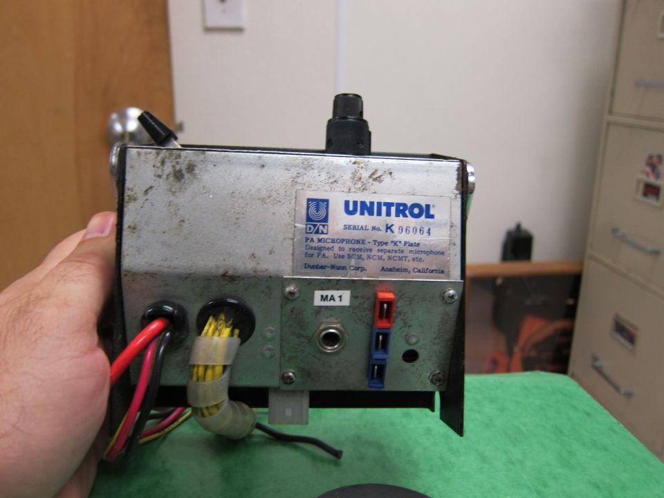 Unitrol PA microphone unit with serial number K 96064, showing wiring and connectors