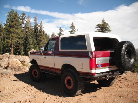 1991 Ford Bronco - A two-tone maroon and white Ford Bronco is parked on a dirt road with trees in the background.