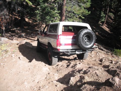 1991 Ford Bronco - This two-tone Ford Bronco navigates a rocky, wooded trail with its spare tire mounted externally on the back.