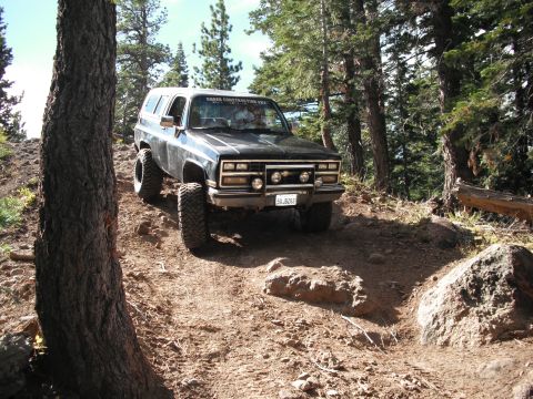 1991 Ford Bronco - A black SUV navigates a rocky, wooded trail.