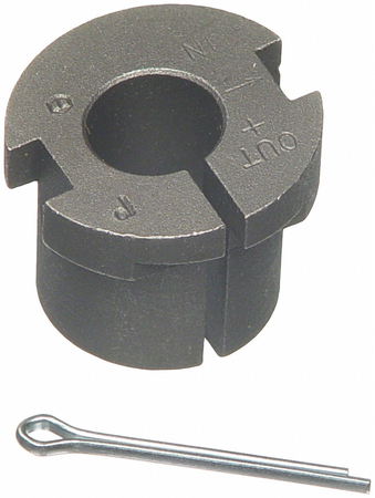 1993 Ford Bronco - A metal suspension adjustment bushing and cotter pin are shown, with text indicating 'IN' and 'OUT' directions.