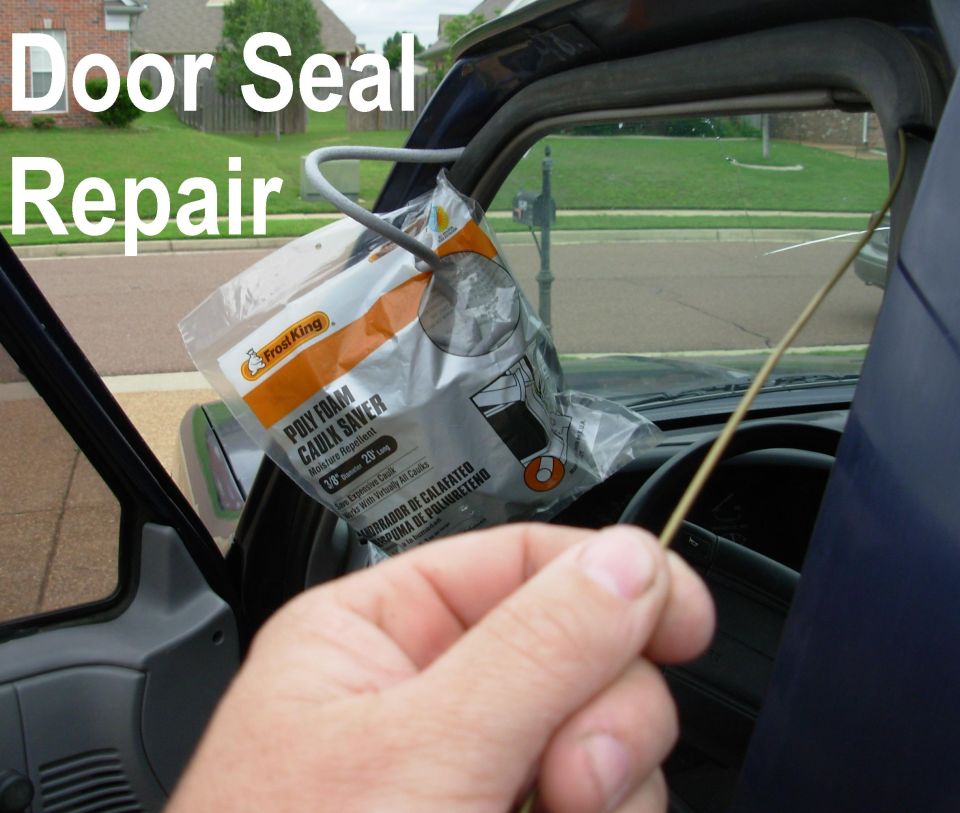 Hand holding spray foam product near a vehicle door opening