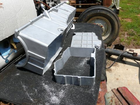 1976 Chevrolet Corvette - Aluminum oil pan and baffle assembly, likely for an engine rebuild or modification.
