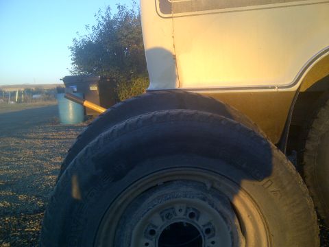 1979 Ford E250 - A side view of a van, focusing on its tires and lower body panel with a brown stripe. A trash bin is visible in the background.