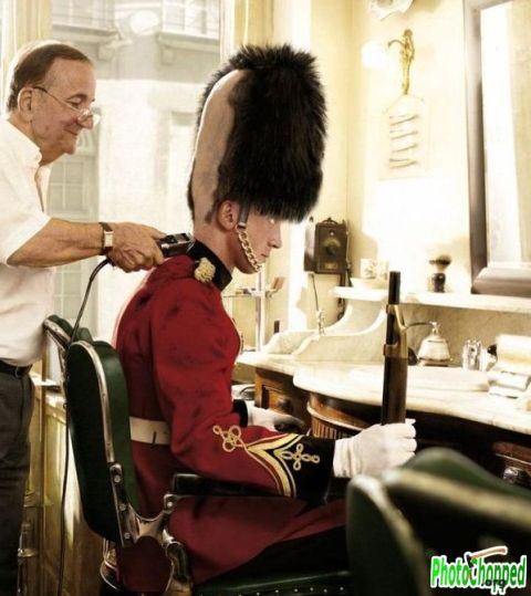 2000 Mercury Grand Marquis - A barber trims the hair of a soldier wearing a ceremonial uniform and bearskin hat.