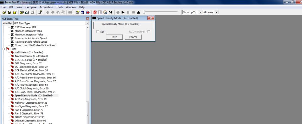 TunerPro RT XDF item tree showing GM PCM diagnostic flags and error codes
