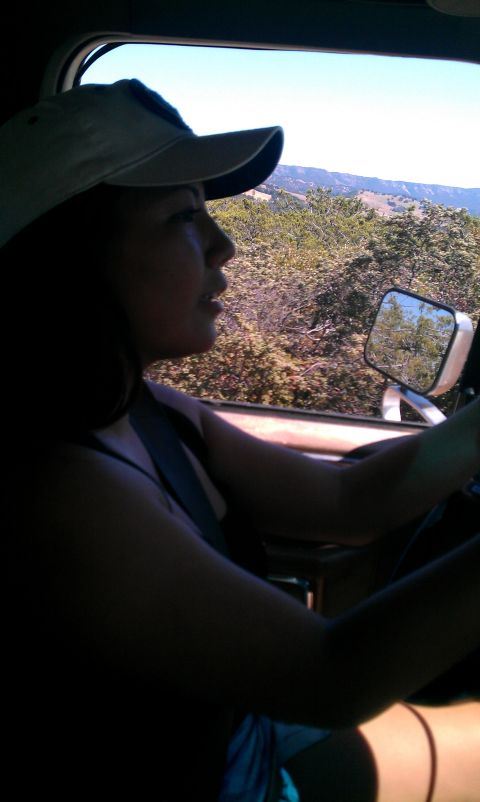 1986 Ford Bronco - Woman driving a vehicle through a scenic, hilly area.