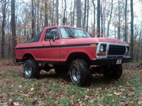 1979 Ford Bronco - This red 1979 Ford Bronco, a black soft top, is captured in a wooded setting, highlighting its classic body style.