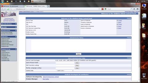 1989 Ford Bronco - Screenshot of a vBulletin Admin Control Panel interface, showing server details and online user counts.