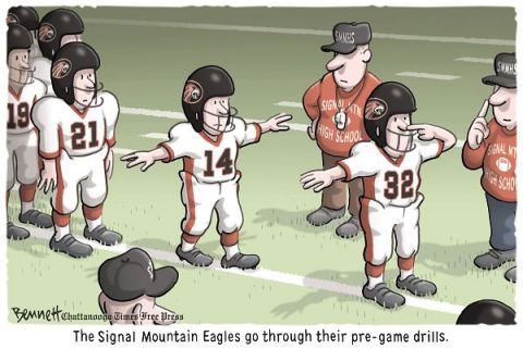 1990 Ford Bronco - A cartoon depicts a football team and coaches on a field, with some players in uniform and helmets.