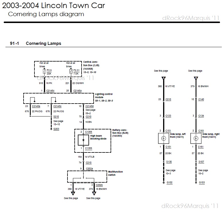 2003-2004 Lincoln Town Car cornering lamps wiring diagram with color-coded circuits and connectors