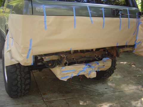 1986 Ford Bronco - Any time I expose an area on the Bronco I rust proof that area. Here we are taping off to prevent over spray.