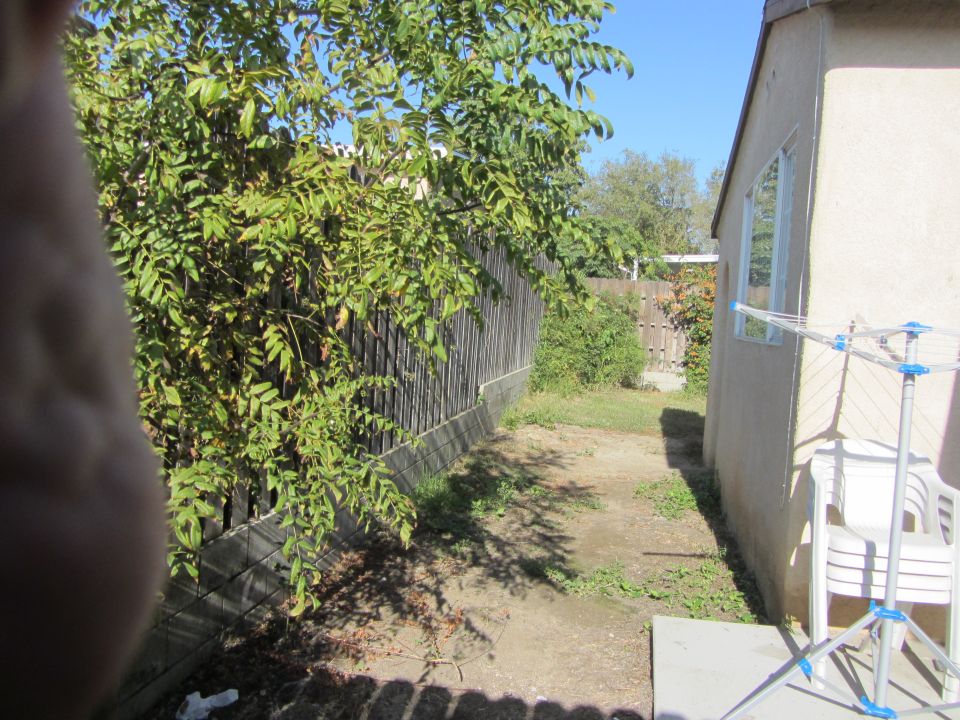 Backyard with wooden fence, tree, and clothesline