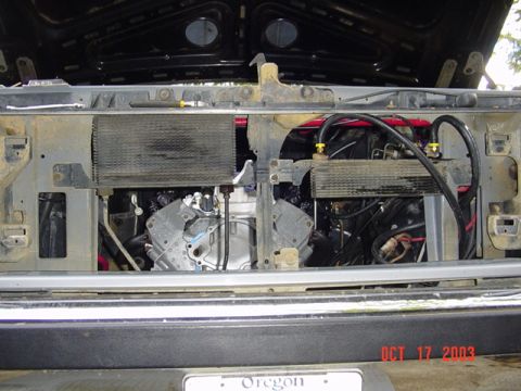 1989 Ford Bronco - big one bolts into the factory holes...I flipped the samll one over to use as a PS cooler