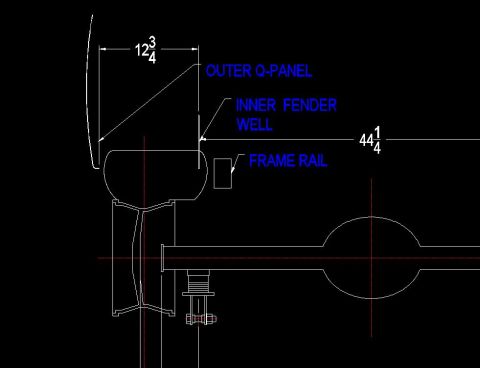 1966 Ford Fairlane - Technical diagram illustrating the dimensions of a vehicle's outer q-panel, inner fender well, and frame rail.