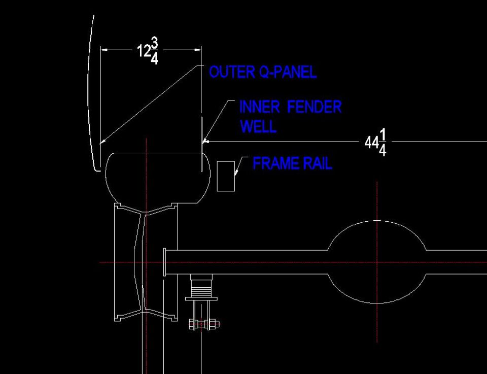 Dimensioned CAD drawing of outer quarter panel, inner fender well and frame rail
