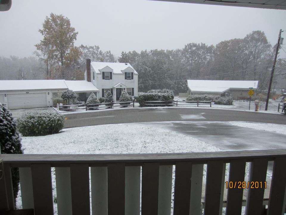 House and garage with light snow falling, trees in background, date stamp 10/28/2011