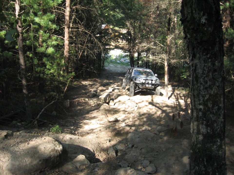 Silver off-road vehicle navigating a rocky forest trail
