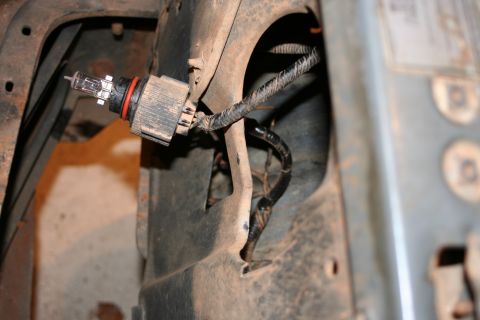 1989 Ford Bronco - Close-up view of a headlight bulb and its wiring harness, showing the connection point within the vehicle's frame.