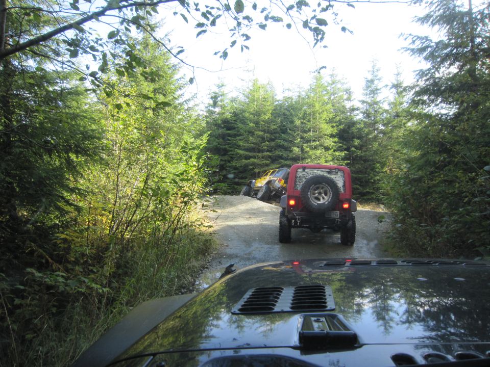 Two Jeeps driving on a muddy dirt road through a forest. One red Jeep is in the foreground, and a yellow Jeep is further ahead