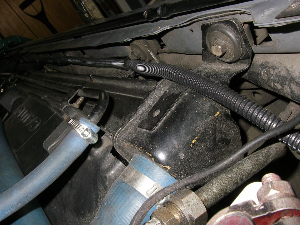 Close-up of engine bay showing corrugated wire loom, blue hoses with clamps, and metal brackets