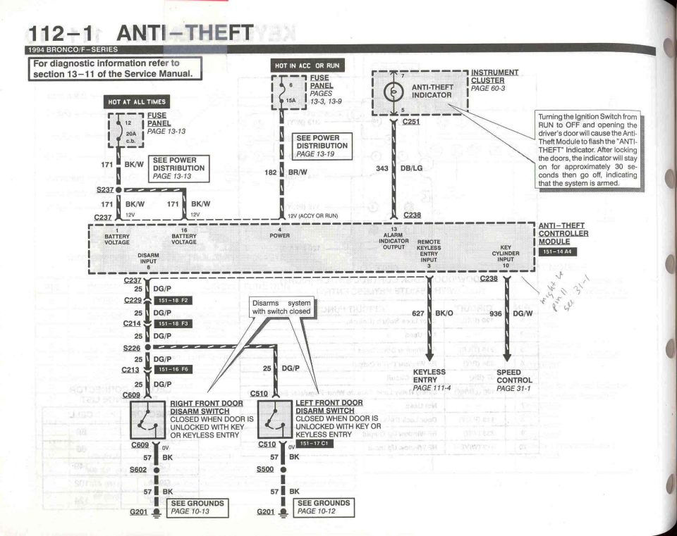 Anti-theft system wiring diagram from a 1994 Bronco/F-series manual