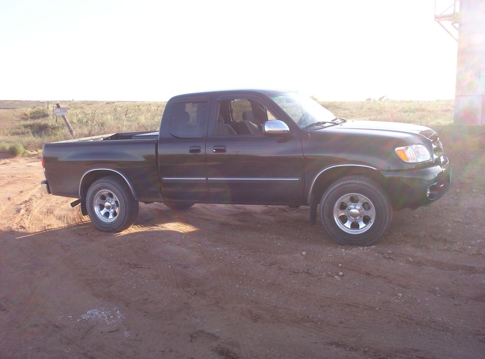 Dark colored pickup truck parked on a dirt road