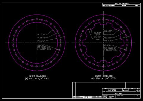 1995 Ford Bronco - Engineering blueprint with title block and bill of material detailing dimensioned inner and outer beadlock rings in 1/4 inch steel.