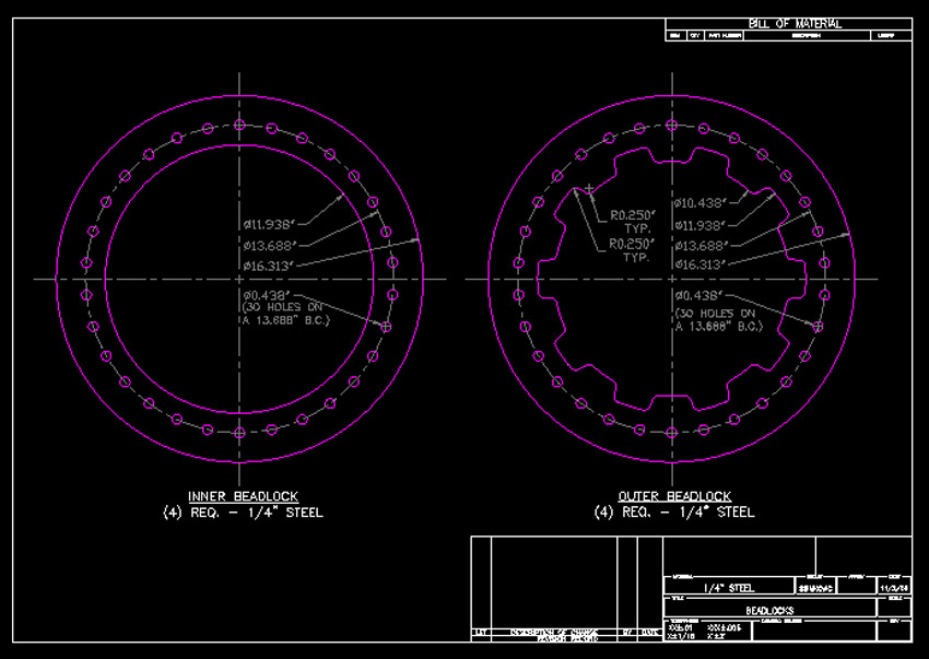 Engineering blueprint of inner and outer beadlock rings with bill of material